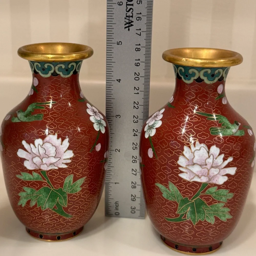 Pair Of Vintage Chinese Cloisonné Chrysanthemum Floral Vases